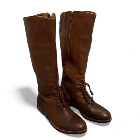❌SOLD❌Matisse Cognac Tall Leather with Lace Up Riding Boots Wide Stretch Leg - Picture 1 of 17